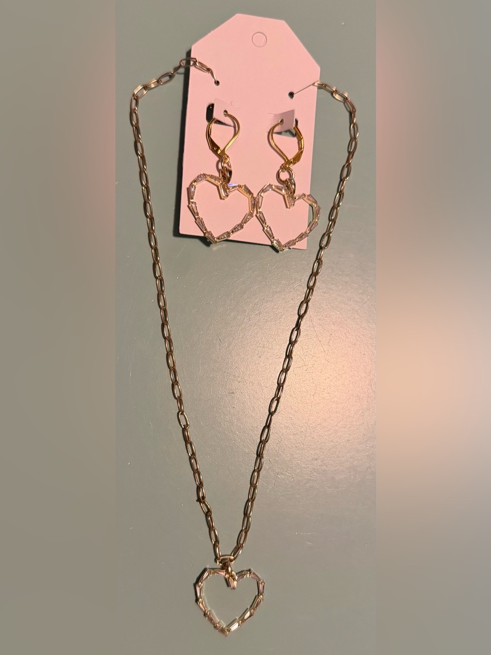 Delicate Gold Crystal Heart Necklace & Matching Heart Earrings